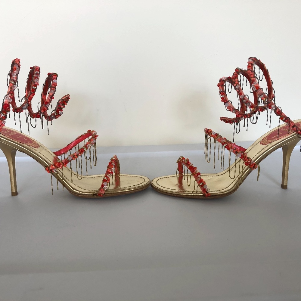 Rene Caovilla Coral Beaded Coil Heeled Sandals